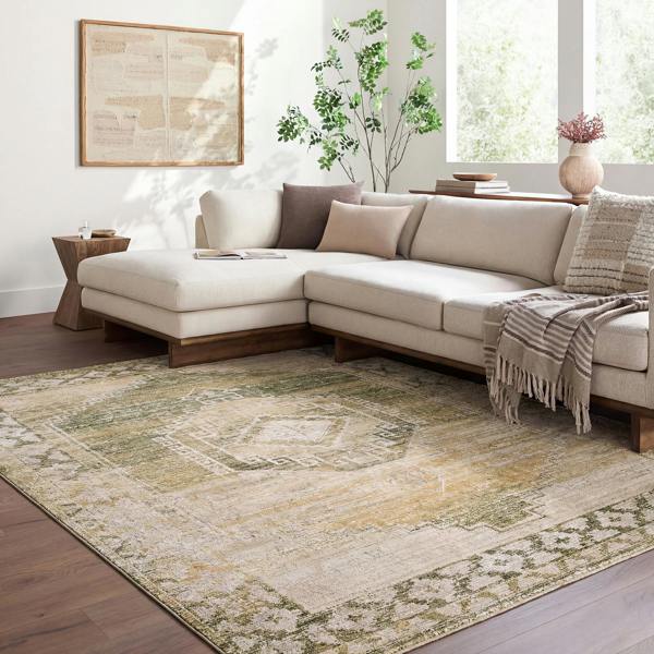 Livabliss Fifth Avenue-Vintage Green Brown Grey Traditional Boho Fringe Rug
