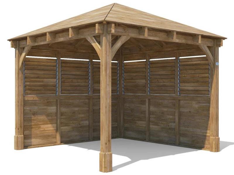 Dunster House Wooden Gazebo 3m x 3m Kit Louvre Wall Heavy Duty Garden Shelter Roof Shingles Leviathan