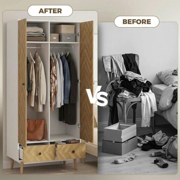 Cabinet Wood-Effect Sticker Surface, Modern Wardrobe with 2 Hanging Rods, 2 Storage Shelves and 2 Drawers, White
