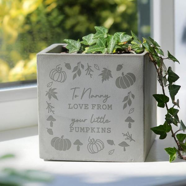 Grey square concrete plant pot engraved with pumpkins and the words To Nanny Love From your little PUMPKINS, sitting on a white windowsill holding trailing ivy.