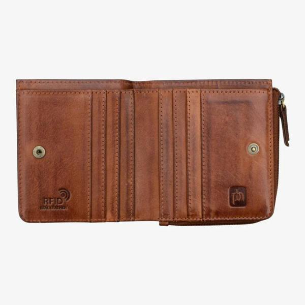 Brown leather purse with visible branding on a white background