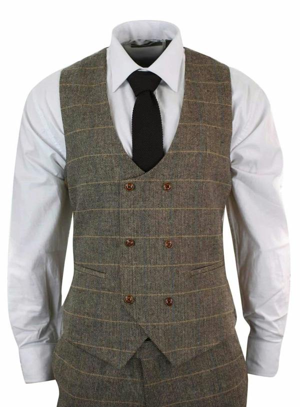 Marc Darcy Mens 3 Piece Tan Herringbone Tweed Check Suit