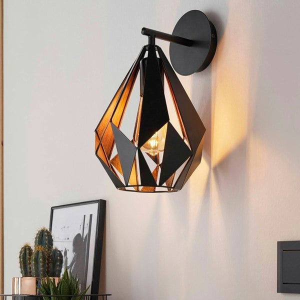EGLO Carlton 1 Industrial Vintage Wall Light – Black & Copper Geometric Sconce WBS