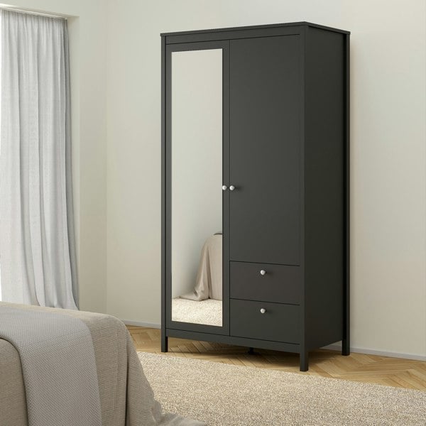 Furniture To Go Madrid Wardrobe with 1 door + 1 mirror door + 2 drawers Matt Black