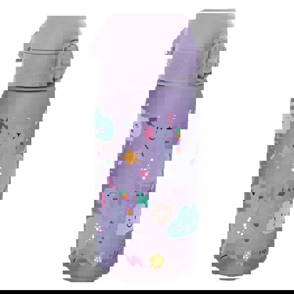 A purple water bottle featuring smiling unicorns with rainbow manes surrounded by colorful hearts clouds and stars in a whimsical design. Text on the bottle reads "ION8".