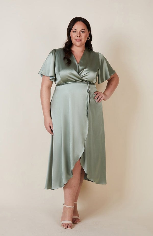 Rewritten London Florence Waterfall Dress in Sage Green Satin