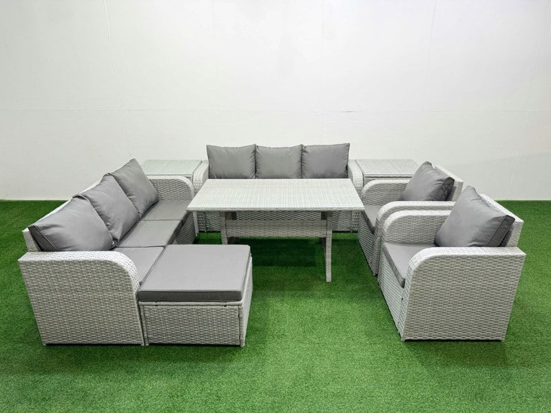 Fimous Light Grey PE Rattan High Back Lounge Set - Rectangular Dining Table, 3-Seater Sofa, Reclining Chair & Big Footstool