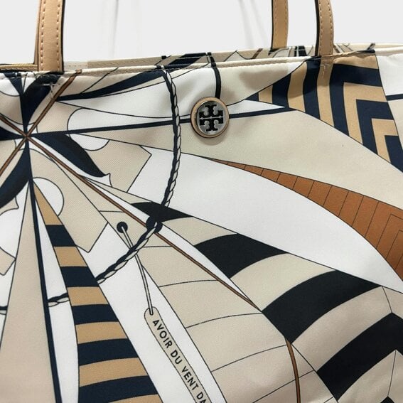Tory Burch Nylon Printed Tote Bag Beige Sailboat