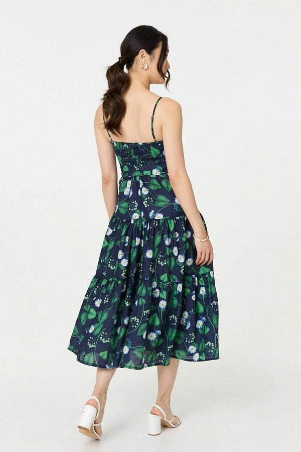 Green | Floral Sleeveless Tie Waist Midi Dress
