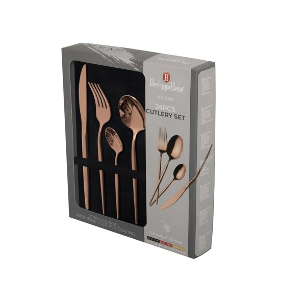 Representative gift box with the Berlinger Haus logo, containing the BH/3068 24-Piece Rose Gold Cutlery Set.