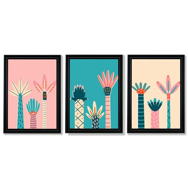 Set of 3 Miami Pink and Teal Palm Trees Framed Art Prints with Vermeer Black Frames