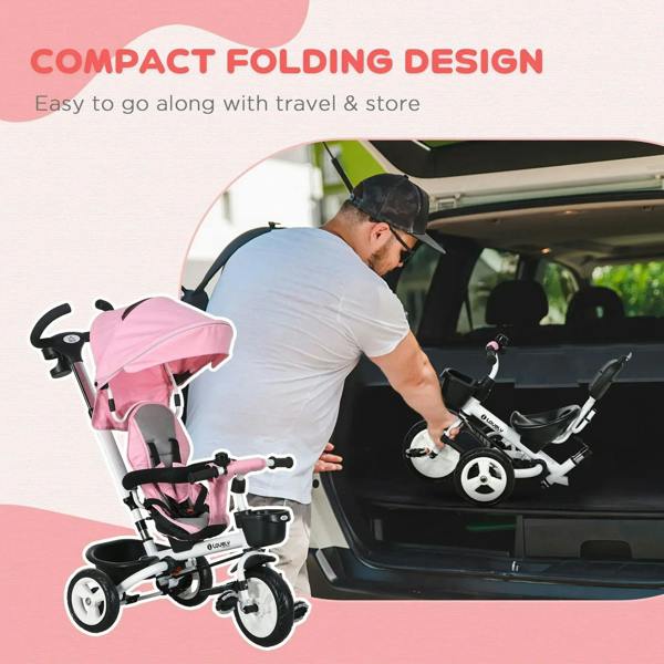 Pink baby tricycle stroller folded in compact design, canopy over seat
