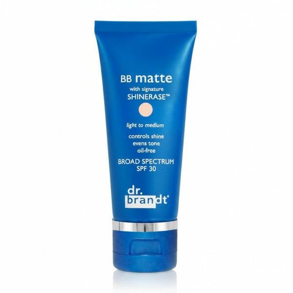 Blue tube of dr. brandt BB matte cream on a white background