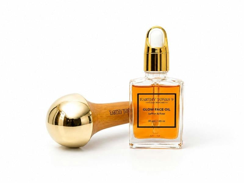 Earthy Tones 9 Glow Face Oil with kansa applicator on a white background