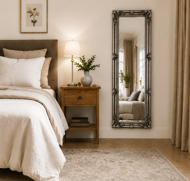 Downton Interiors Antique Silver Tall Ornate Dressing Wall Mirror with Bevelled Glass 142cm