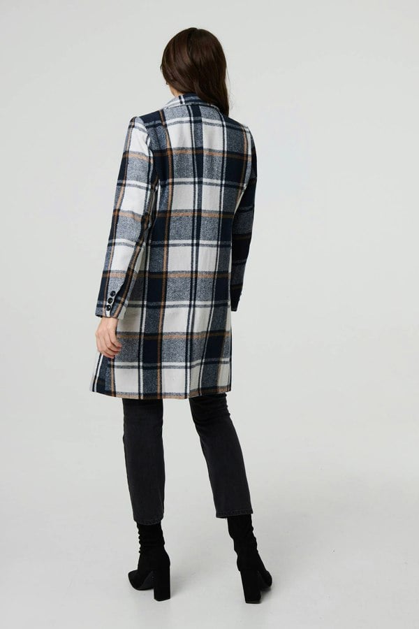 Navy | Checked Double Breasted Trench Coat
