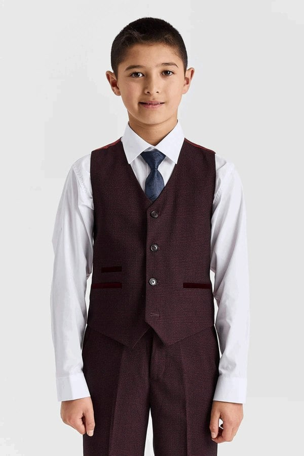 Paul Andrew Regent - Boys Burgundy 3 Piece Prince Of Wales Checked Suit