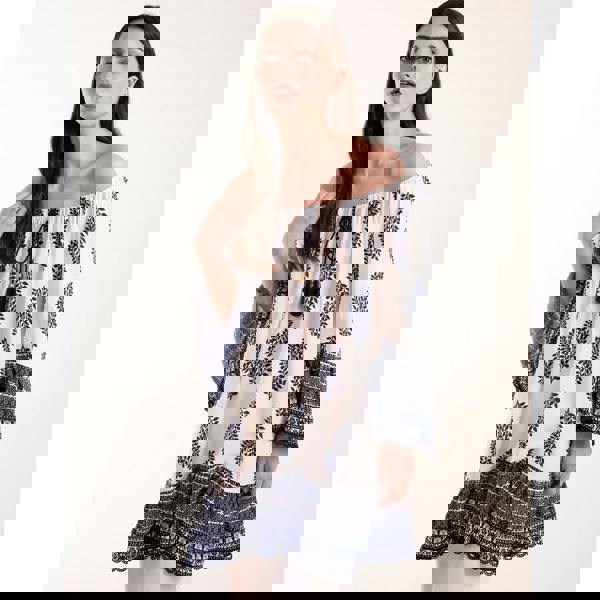 Blue Vanilla Mix Print Bardot With Tassel Dress