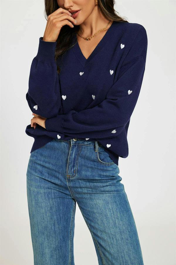 FS Collection Embroidery White Heart V Neck Jumper In Navy