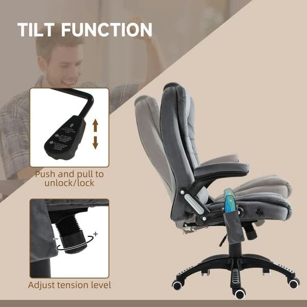 Grey massage recliner office chair with tilt lever and adjustable recline mechanism