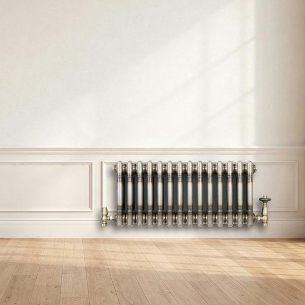 Traditional 3 Column Radiator & Valves - 300mm x 650mm - Raw Metal