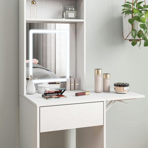 Wyld Haus Ravitti White Compact Vanity Desk With Mirror LED Lights Drop Leaf And Open Shelves