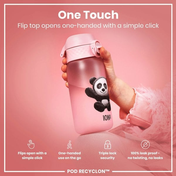 A pink water bottle, featuring a panda design, is being held; its flip top opens with a single click. The bottle is shown against a pink background, emphasizing its one-handed usability and leakproof design. Flip top opens one-handed with a simple click. POD RECYCLON™.