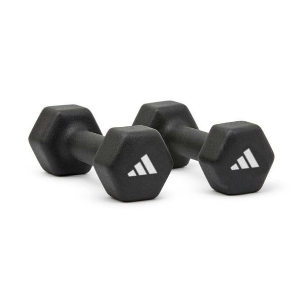 Set of 3kg black dumbbells with Adidas logo on a white background