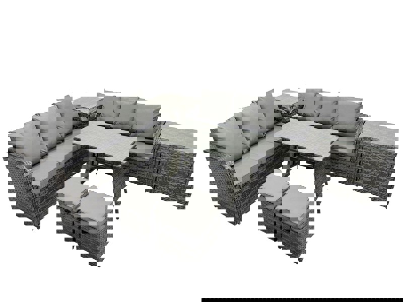 Fimous Garden Rattan Outdoor Furniture Set 8 Seater with 3 Seater Sofa 2 Side Table 2 Small Stools Dark Grey