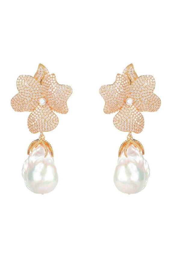Latelita Baroque Pearl White Flower Drop Earrings Rosegold