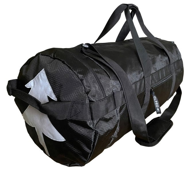 60L Black Holdall / Duffle Bag OLPRO side and end view showing straps and logo