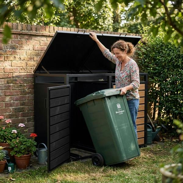 Nicoman Outdoor Metal Garbage Bin Shed with Wood Effect Doors