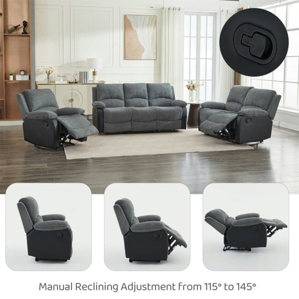 Furniture One Manual Reclining Sofa Set, Corduroy Fabric Recliner Sectional Sofa Suite-Adjustable Backrest and Footrest, Jumbo Cord Fabric Recliner