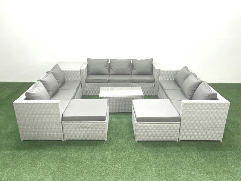 Fimous Rattan Garden Outdoor Furniture Set 11 Seater Garden Sofa Coffee Table Set with 2 Big Footstools Side Table Light Grey Mixed