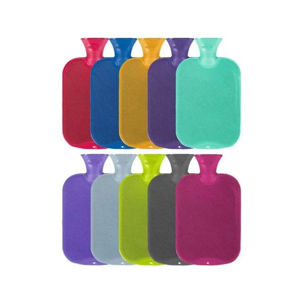 Fashy 2L single ribbed hot water bottles in colorful mesh covers, pack of 10