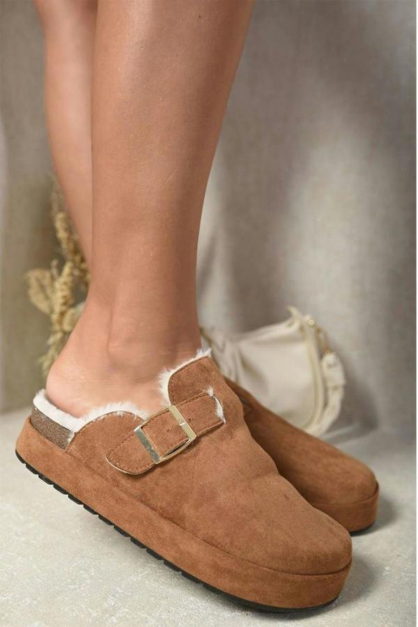 Sylvie Slip On Faux Fur Platform Clogs - Camel