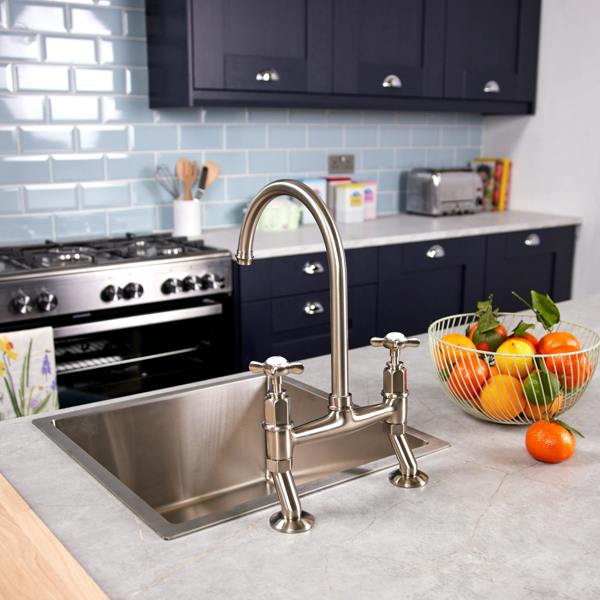 Flode Larvik | Kitchen Crosshead Bridge Mixer Tap | Pewter Finish