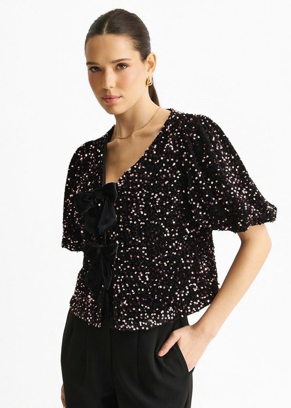 Gini London Purple Velvet Sequin Bow Front Bubble Sleeve Top