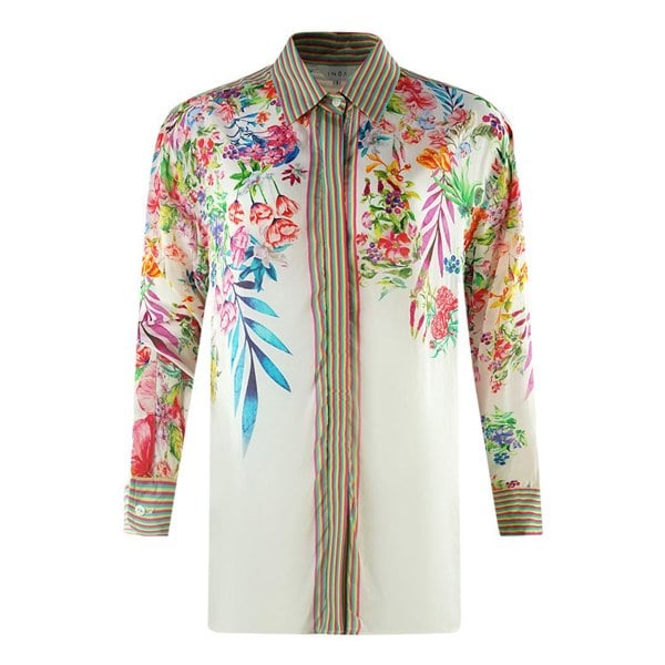 Inoa White Floral 1947 Long Sleeve Blouse Silk Shirt - Multicoloured