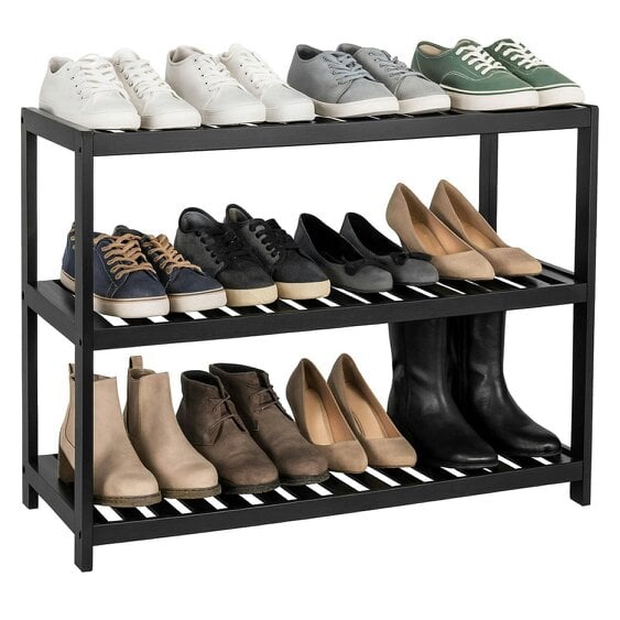 Neo Black 3-Tier Bamboo Shoe Rack Stand Natural Wooden Shoe Storage Shelf for Hallway Bedroom Bathroom
