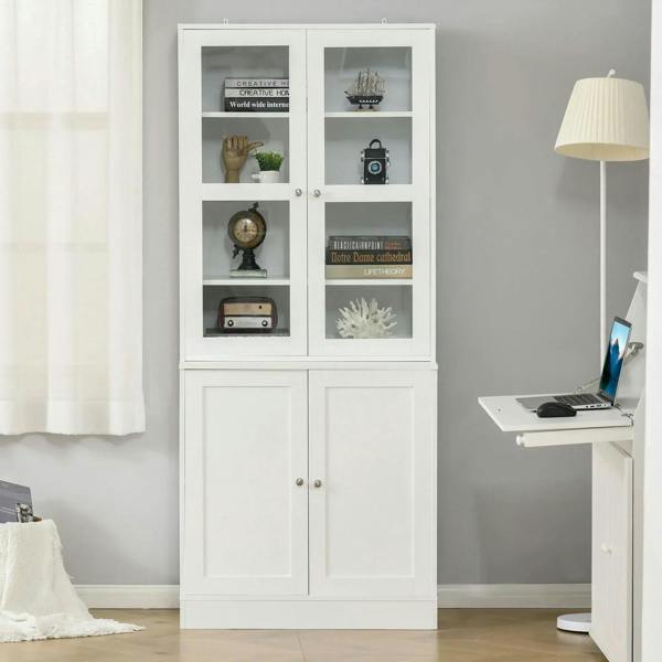 White bookcase cabinet with glass doors and two lower storage doors