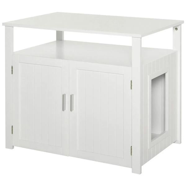 White wooden cat litter box enclosure with cabinet-style doors and large tabletop