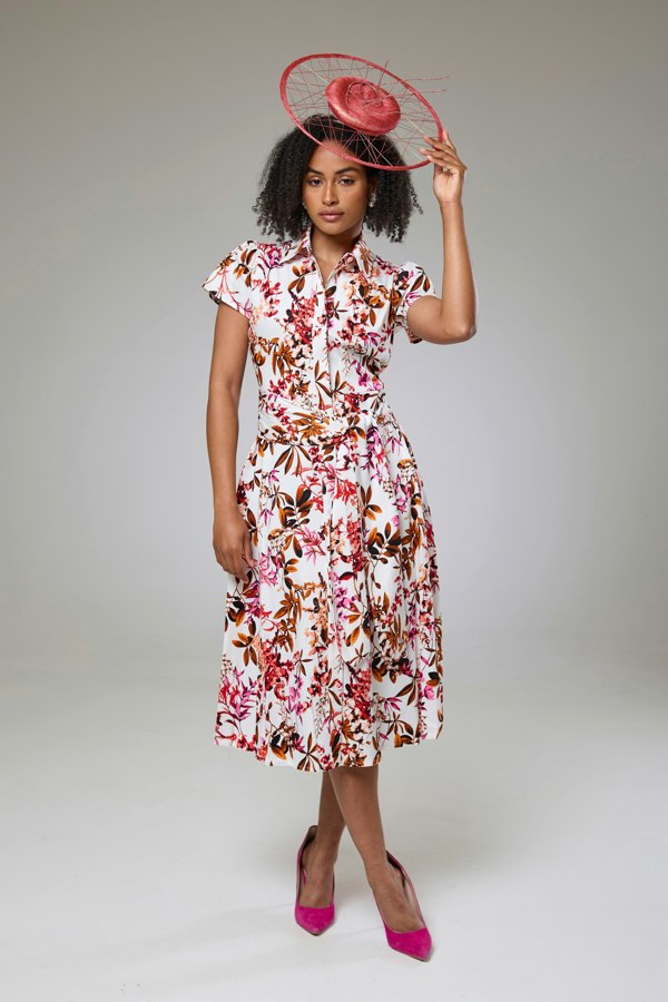 Isha's Timeless collection Blooming Pink Flora Short Sleeve Shirt Dress