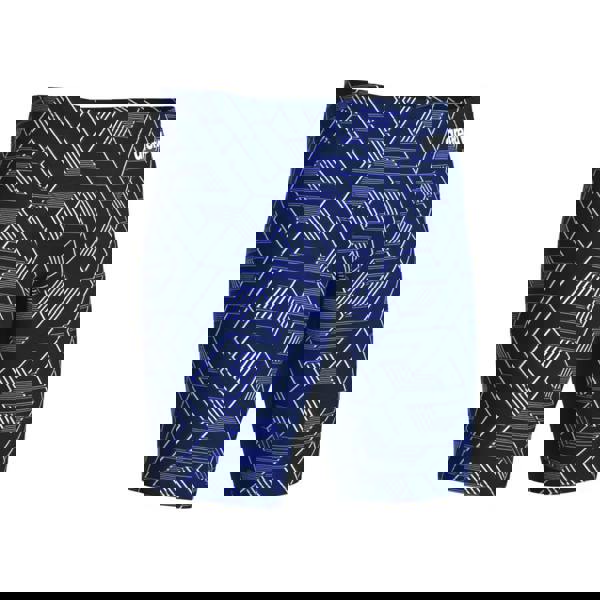 Navy Arena Escape swim jammer with blue geometric trunks and white logo