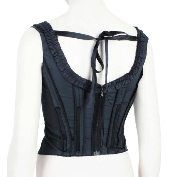 Prada black corset top with ruffle bust and pleated vertical details