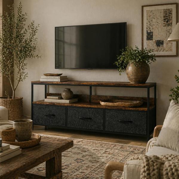 Wyld Haus Avasoro 120cm Rustic Brown TV Storage Unit With 3 Fold Down Fabric Drawers