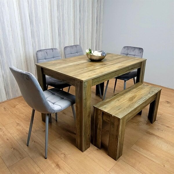 Kosy Koala Wooden Dining Table Set for 6 Rustic Effect Table With 4 Grey Velvet Chairs and 1 Bench