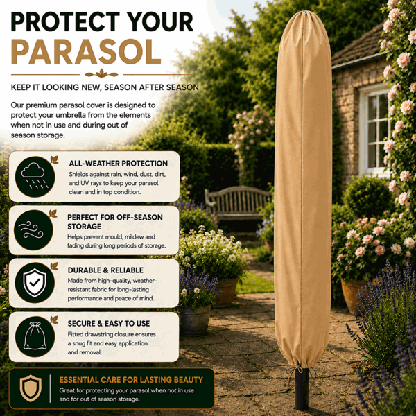 GlamHaus Tilting Garden Parasol Table Umbrella 2.7M with Crank Handle, UV40 Protection, Includes Protection Cover - Sand