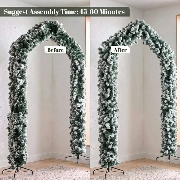 Bobobiy 9ft Flocked Snow Christmas Tree Arch, Christmas Single Arch Doorway Decor with 1400 Branch Tips and Steel Stand, Green