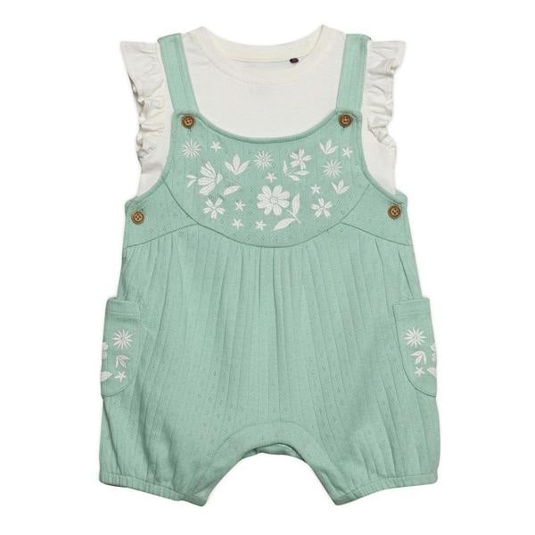 Mini Cuddles Baby Girls Floral Embroidered Dungaree Set, Mint Green